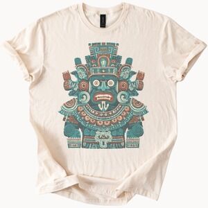 Ancient Aztec Mask Graphic Tee Turquoise Mystical Design